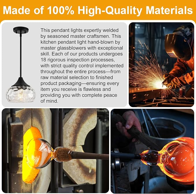 Modern Pendant Lights Kitchen Island, Matte Black Pendant Light Fixtures with 8.5" Clear Hammered Glass Shade, Industrial Hanging Pendant Lights Fixture for Kitchen Island Dining Room Entryway 1 Pack