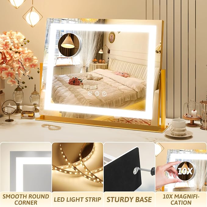 ROLOVE Vanity Mirror with Lights 22"x18", Lighted Makeup Mirror with 10X Magnification, Smart Touch 3 Colors Dimmable, 360° Rotation, Women Gift, Dresser Mount, Bathroom (Gold)