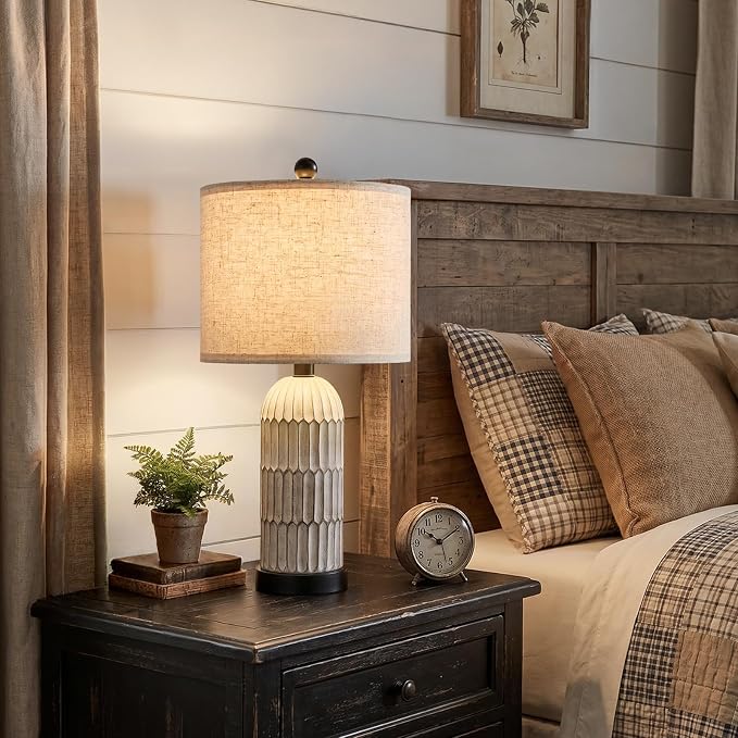 22.5" Bedside Table Lamps Set of 2, Farmhouse Table Lamp with USB A+C Charging Ports,Vintage Nightstand Lamp for Bedrooms and Living Rooms, Retro Resin End Table Lamp with Linen Shade, Black