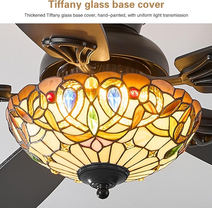 Ceiling Fans with Lights-52 Ceiling Fan Chandelier and Glass Shade | 52" Ceiling Fan Chandelier with 5 Dual-Blades and Glass Shade, 6 Speeds and Reversible, Indoor and Outdoor, Retro Style