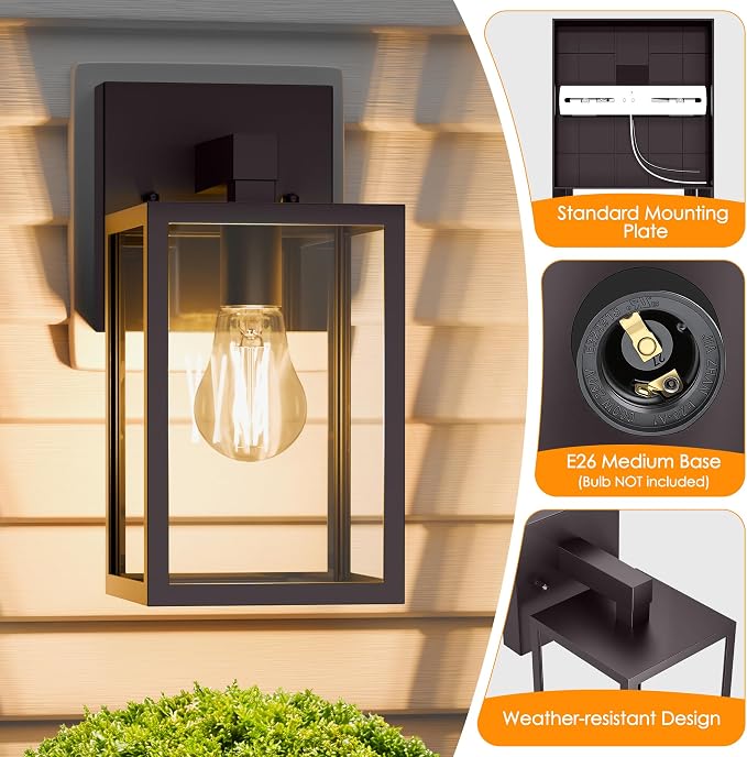 Outdoor Wall Light Fixture, Dark Chocolate Porch Lights, 2 Pack | Waterproof, Anti-Rust, E26 Socket, Exterior Wall Mount Lamps, Front Door Lighting, Outside Patio Sconce Lantern, Garage