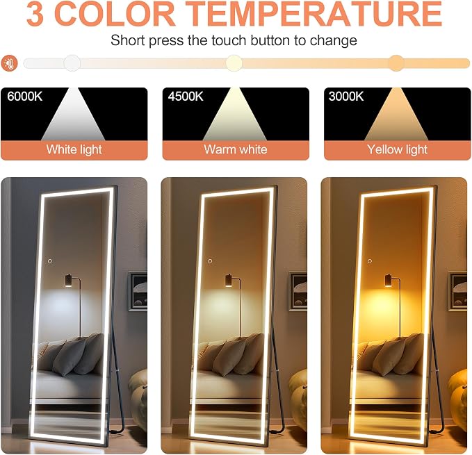 Full Length Mirror with Lights, 56" x 18" LED Lighted Floor Standing Body Mirror, Dimmable & 3 Color Lighting for Bedroom, Cloakroom, Dressing Room, Tempered Glass, Square Black