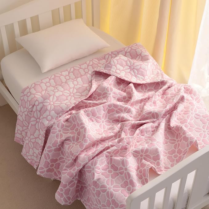 NTBAY 3 Layer Oversized Muslin Toddler Blanket, 45 x 60, Pink Clover | Muslin Cotton Outer Layers with Light Thermal Fiber Fill, Reversible Blanket for Daycare, Travel, Naps, and Supervised Use