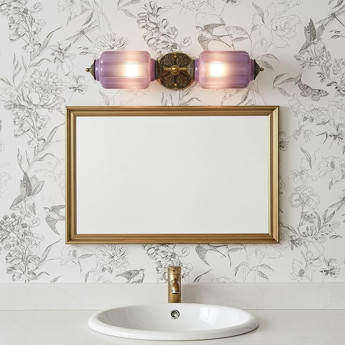 Vintage Milk Glass Sconce - 2-Light Wall Sconce with Brass Finish Base & Green Glass Shade - Wall Sconce Lighting for Mirror, Kitchen, Living Room, Gallery (Bulbs Included) (Purple)