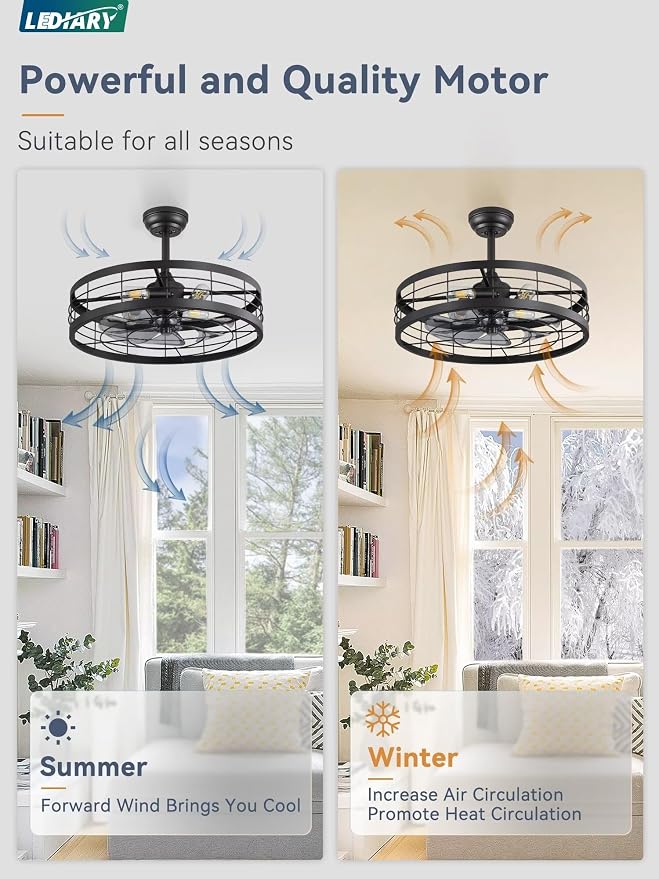 LEDIARY 22 inch Farmhouse Caged Ceiling Fan Light with Remote, Black | 6 Speed Adjustable,Timing, Quiet & Powerful DC, Large, Farmhouse, Industrial, Enclosed, Bladeless, Bedroom, Kitchen, Downrod
