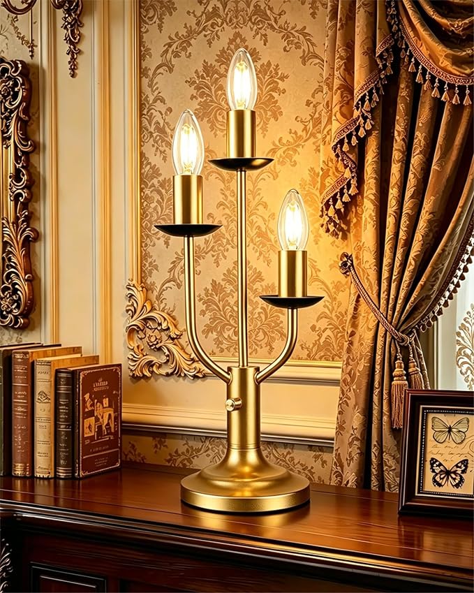 Vintage Candelabra Table Lamp Dimmable Gold Lamp E12 Bulbs Included | Accent Lamp Nightstand Desk Lamp Warmwhite Ambient Bedside Lamps for Living Room Bedroom Dining Party Home Office Decor Gift