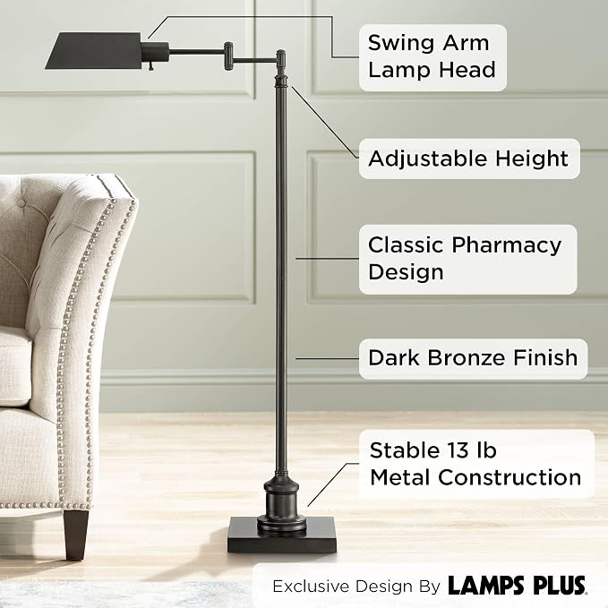 Jenson Adjustable Height Bronze Swing Arm Pharmacy 54" Tall Floor Lamp | Traditional Farmhouse Standing Base Dark Metal Bright Downward Light for Living Room Reading House Bedroom