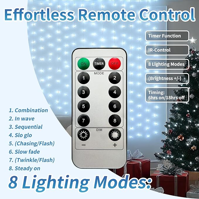 Fairy Curtain Lights, 300 LED Upgraded Tangle-Free Hanging Lights with Remote, USB Plug in String Lights for Bedroom Wall Window Wedding Party Xmas Home Décor - 9.8 x 9.8 Ft, Cool White