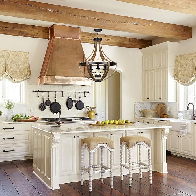 23.6" Large Farmhouse Chandeliers for Dining Room, 6-Light Adjustable Height Rustic Light fixtures for Kitchen Island Entryway Stairwell Breakfast Area, ‎Retro Wood Texture and Black Finish