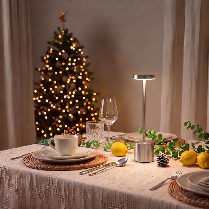 Silver Cordless Table Lamp 2Pack Rechargeable Portable Table Light | 5000mAH Battery 3 Color Stepless Dimming Waterproof LED Wireless Lamp for Dining Kitchen, Outdoor Patio, Touch Control