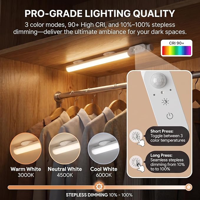 Motion Sensor Closet Lights 15.4",1800mAh Rechargeable Under Cabinet Lighting,180° Rotatable Head & 120° Sensor Wireless Closet Light, 180LM Cabinet Lights, 3 Color Modes Stick on Lights (2Pack)