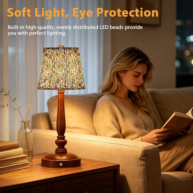 15.5'' Wireless Table Lamp, 5400mAh Rechargeable Small Bedside Touch Lamp | Wood Base, Fabric Lampshade, Built-in LED, 3 CCT, Stepless Dimming, Memory Function, Nightstand Lamp for Bedroom, Living Room