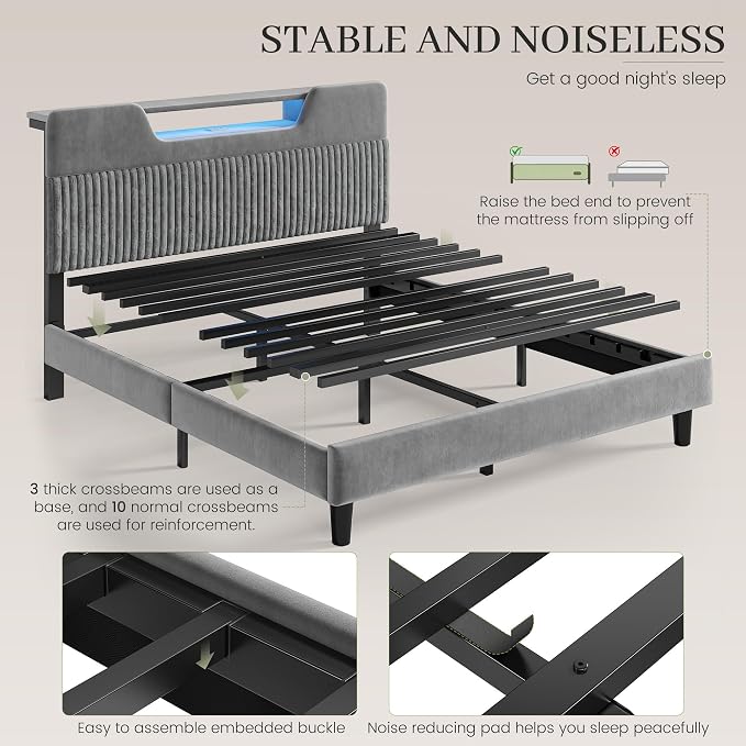 Homkdom Queen Bed Frame with Charging Station & Storage Headboard,Grey | 1USB-C & 2USB-A Charging, RGB LED Lights,7.78" Under-bed Storage,Velvet Upholstered Headboard,No Box Spring,Easy Assembly.