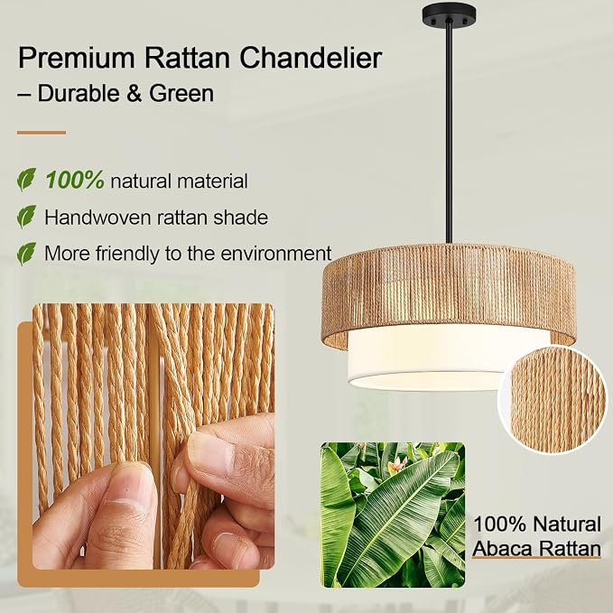9"-52" Height Adjustable Farmhouse Chandelier Light Fixture, 5-Light Rattan Boho Chandeliers for Dining Room, Hand Woven Pendant Light with Linen Shade, Rustic Hanging Lighting for Kitchen Island