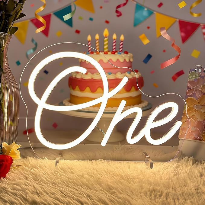 One Neon Sign for First Birthday LED Signs Warm White One Year Old Birthday Table Number Neon Lights Lamp for Home Birthday Party Decor Bedroom Decorations Christmas Gift 30cm*21cm