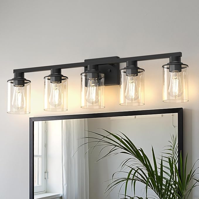 DORESshop Bathroom Light Fixtures, 5-Light Black Bathroom Lighting Fixtures Over Mirror with Clear Glass Shade, Vanity Lights for Hallway Living Room Bedroom
