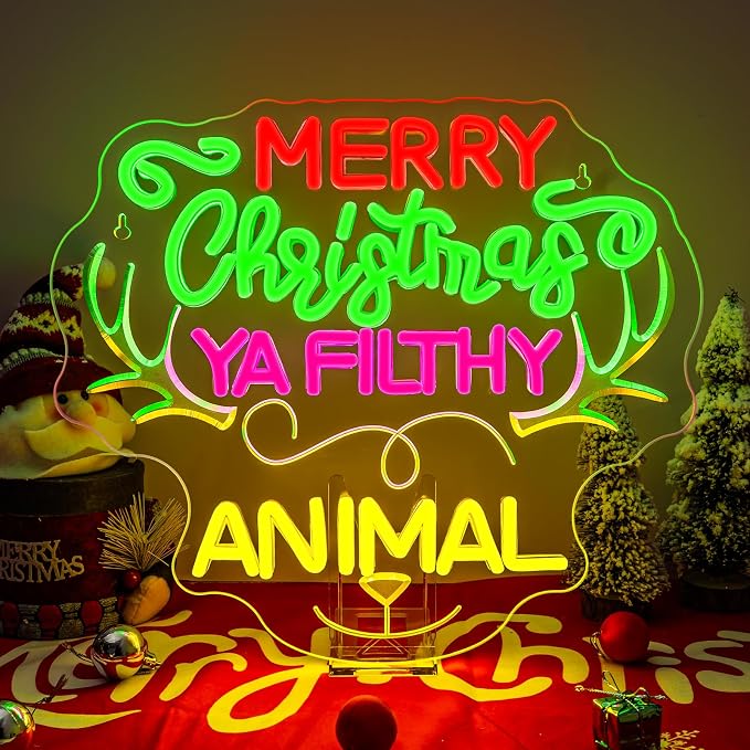Merry Christmas LED Neon Sign Christmas Deer Light for Grinch Decoration | 14.33IN*12.6IN,Merry Christmas Ya Filthy Animal,Five level brightness adjustment,USB power,For Bar,Club,Pub,Home,Party