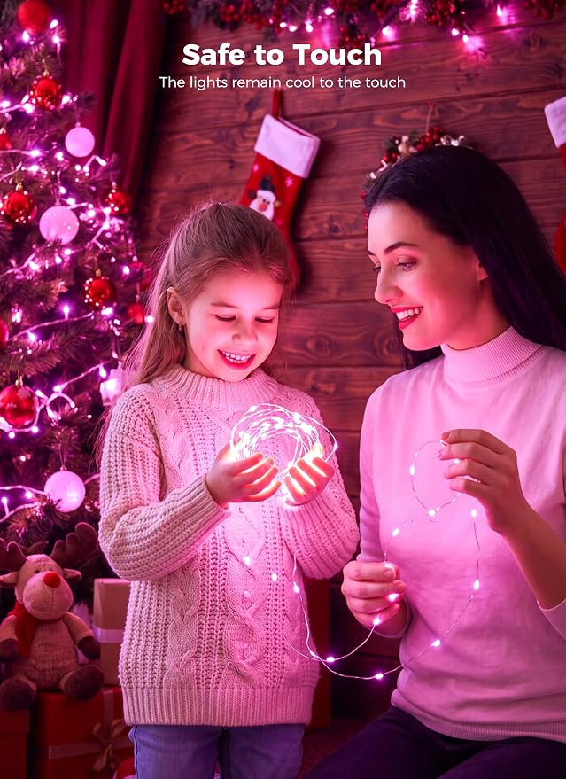 Pink Fairy Lights Plug in, 33Ft 100 LEDs Waterproof Silver Wire Firefly Valentine's Lights, Adaptor Included, Starry String Lights for Wedding Indoor Outdoor Patio Garden Valentine's Day Decoration