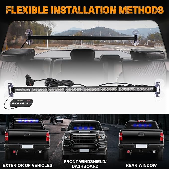 XRIDONSEN 35 inch Blue White Traffic Advisor Light Bar 48 LED Emergency Strobe Lights Safety Warning Front/Rear Window Lights w/Display Controller for Police Firefighter Ambulance Vehicles Trucks