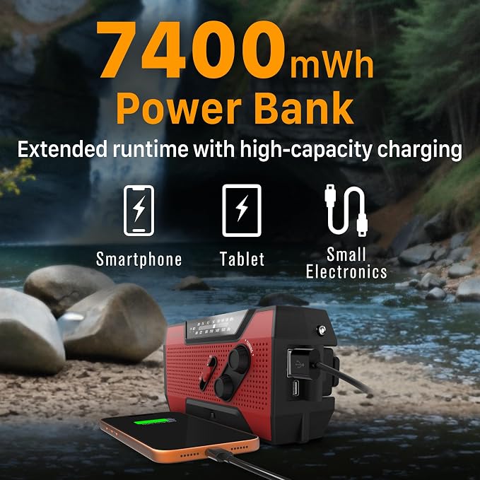 FosPower NOAA Emergency Weather Radio A1 7400mWh Portable Power Bank, AM/FM, USB/Solar/Hand Crank Charging, Battery Operated, SOS Alarm & Flashlight for Indoor/Outdoor Emergency - Red