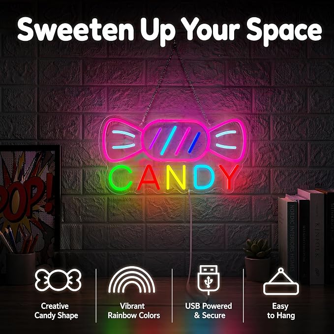 Candy Neon Sign for Wall Decor Candyland Party Decorations, Candy Bar Sign | Store Logo, Birthday Decorations, Candy Light for Candy Shop, Kids' Room, 6.5ft Dimmable USB Powered Colorful 15.7"x7.8"
