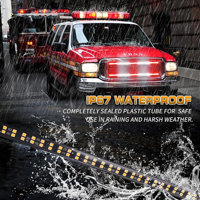XRIDONSEN 2PCS 30 inch Truck Grill Emergency Lights Strip 360 LED Red White Grille Strobe Lights Flashing Warning Hazard Safety Waterproof First Responder Lights for Vehicles Firefighter Fire Trucks