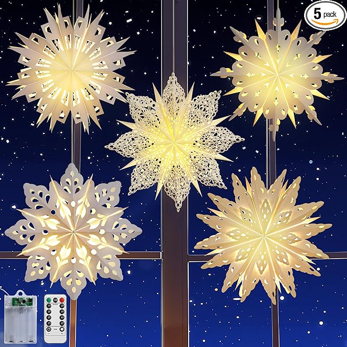 Lewondr Christmas Paper Star Lantern 5 Pack, Unique Flower Shape Lights with Remote Control, LED Paper Lanterns with 6H Timer for Holiday Home Decoration, 17.72 × 17.72 × 1.97 Inch, Warm Light