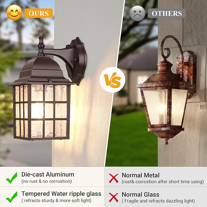2 Pack Dusk to Dawn Outdoor Lighting Fixture, Classic Exterior Porch Light | Aluminum Frame, Water Rippled Glass, Waterproof, E26, Sensor Outdoor Hose Light, Wall Sconce For Garage, Front Door