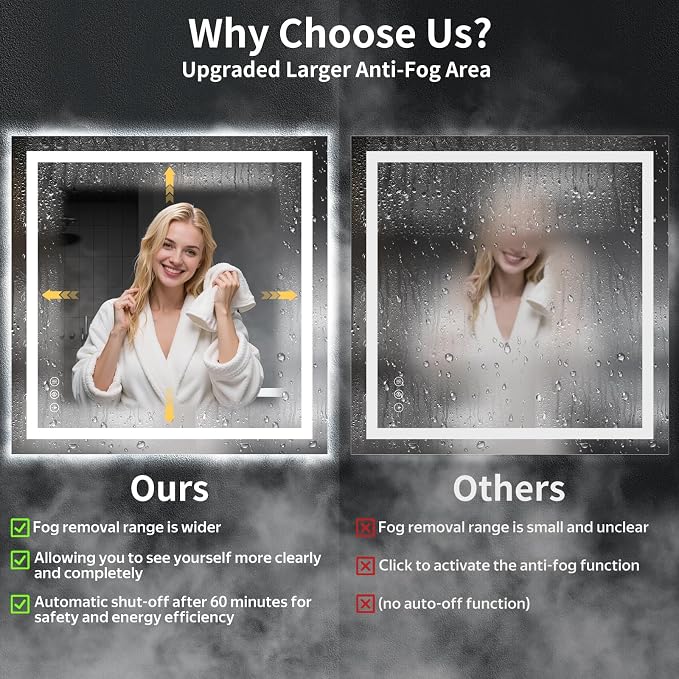 47"x47" LED Bathroom Mirror with Lights, Backlit+Frontlit, Anti-Fog | CRI 95, Stepless Dimmable, 3 Colors Lighting, Shatterproof Tempered Glass, HD Reflection, Memory, (Horizontal/Vertical)