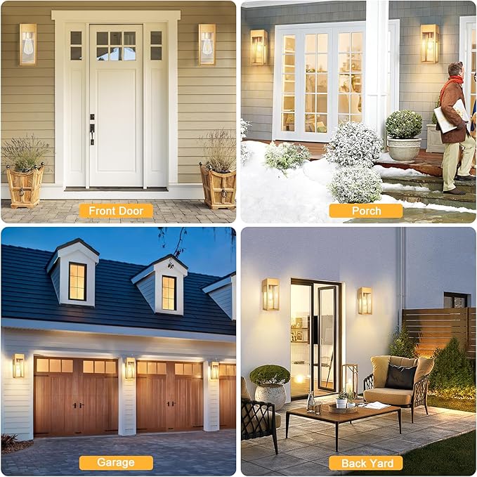 2 Pack Porch Lights Outdoor Wall Sconce, Outdoor Light with GFCI Outlet, Waterproof Exterior Wall Lantern Light Fixtures, Anti-Rust Wall Lamp with Clear Glass for Patio Doorway Garage- Gold