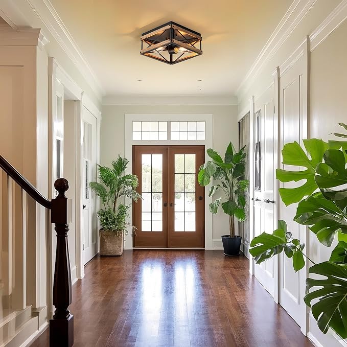 Mayful Black Farmhouse Flush Mount Ceiling Light Fixturet, 2-Light Rustic Hallway Light Fixtures with Wood & Metal Frame, Industrial Close to Ceiling Light Fixtures for Kitchen Entryway Foyer