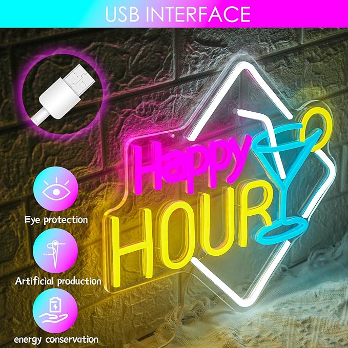 Happy Hour Neon Sign Dimmable Cocktails Happy Hour Neon Bar Sign for Home Bar Cocktails LED Neon Light for Beer Bar Pub Man Cave Restaurant Hotel Party Window Wall Decor
