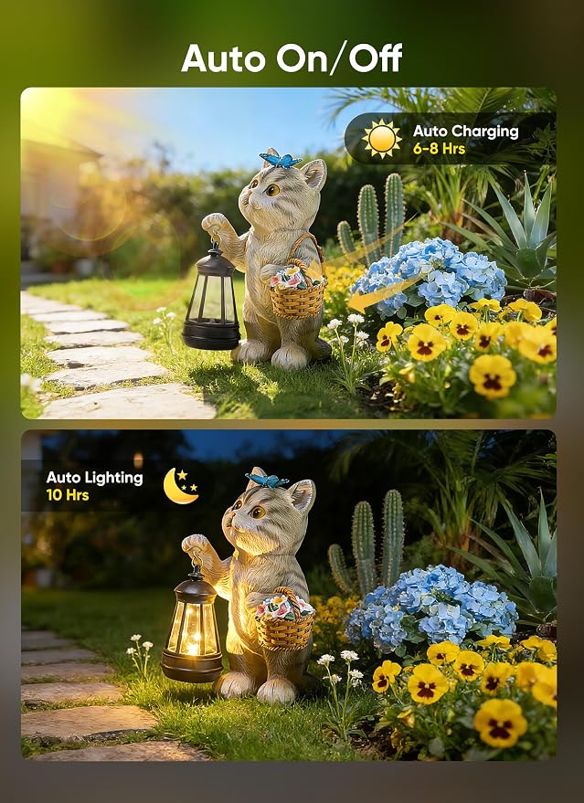 Brightown Solar Cat Garden Decor Statue with Solar Lantern Light, Hand-Painted Resin, IP65 Waterproof Outdoor Decor for Patio, Balcony & Yard Decorations, Unique Mothers Day Gifts for Mom Women