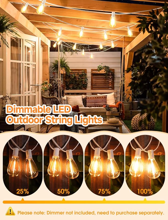 25FT LED Outdoor Patio String Lights, 10+1 Edison S11 Bulbs, White | Plug in, Dimmer not included, Dimmable, Waterproof, Shatterproof, Connectable Hanging Lights for Patio Wedding Outside Decor