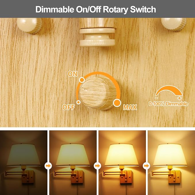 TRLIFE Dimmable Wall Sconce Plug in, Wall Sconces Set of 2 Swing Arm Wall Lights with Plug in Cord and Dimmer On/Off Knob Switch, 11.8" Large White Fabric Shade(2 LED Bulbs Included, Oak Color)