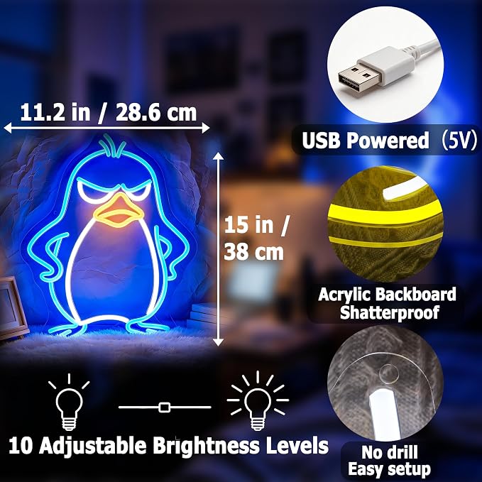 Penguin Neon Lights Signs Neon Sign Led Sign Light for Wall Decor | Penguin Neon Sign for Room Decor,Man Cave Decoration,Dormroom,Wall Decor,Gift,5V USB Powered