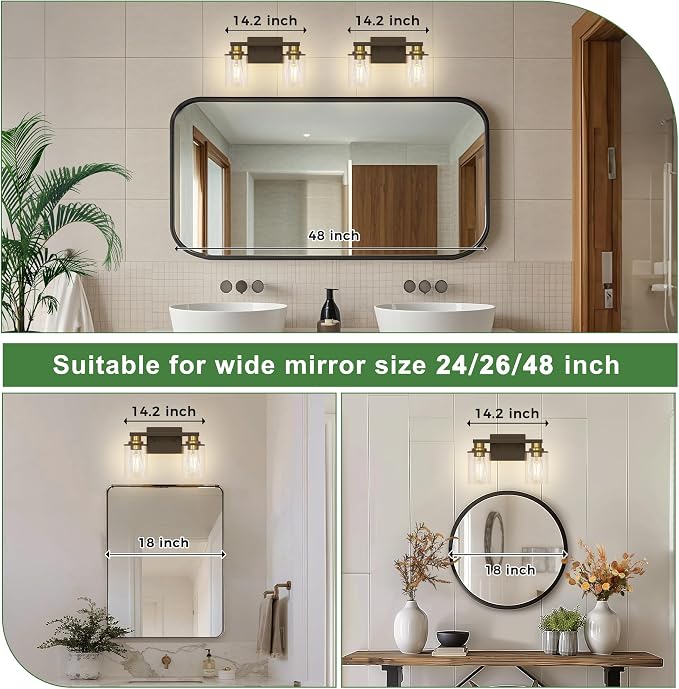 Bathroom Light Fixtures, 2-Light Black and Gold Bathroom Lights Over Mirror with Clear Glass Shade, Vanity Lights for Hallway Bedroom Living Room, ETL Listed | Modern Vanity Lights With Clear Glass Shade, Bathroom Wall Light for Mirror, Kitchen, Living...