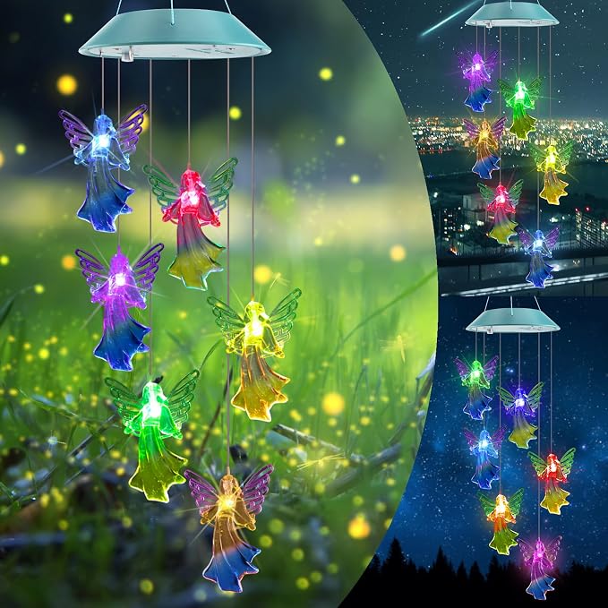 Toodour Solar Wind Chimes, Color Changing Angel Wind Chimes | LED Decorative Mobile, Gifts for Mom Grandma, Waterproof Outdoor Decorative Lights for Garden Patio Yard Window Outdoor Decor