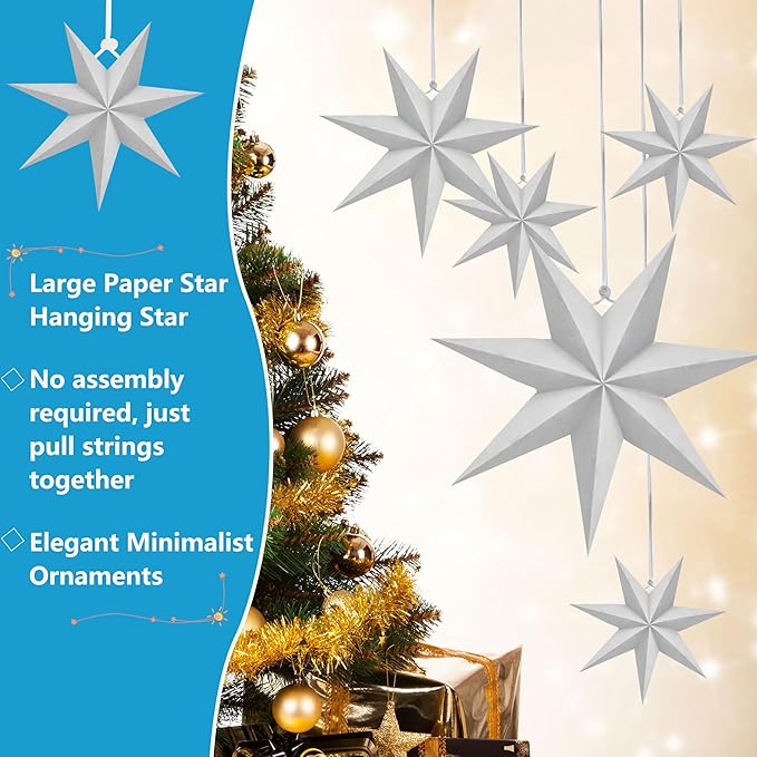 8 Pack 18 Inch/ 14 Inch/ 12 Inch/ 10 Inch 3D Paper Stars 7-Pointed White Hanging Paper Star Decorations for Christmas Holiday Wedding Birthday Party Room Decor, 4 Size