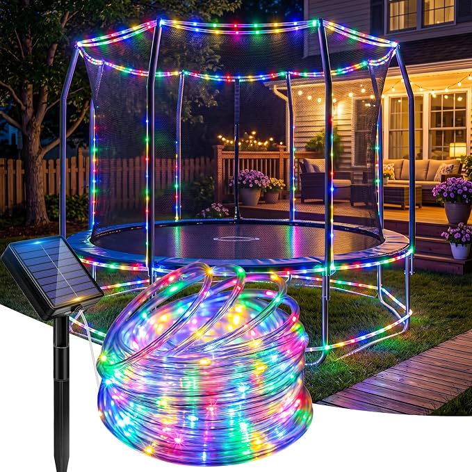 Solar Rope Lights, 33FT 100 LED Solar Fairy Lights with 8 Lighting Modes, IP65 Waterproof Trampoline Lights Outdoor for Garden Yard Patio Deck Fence Tree Party Holiday Decoration, Multicolor