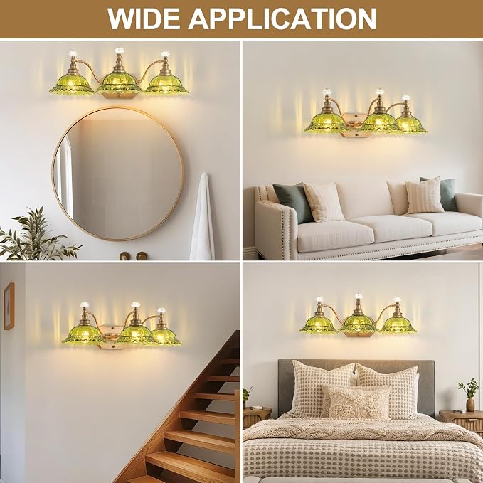 Vintage Bathroom Light Fixtures, 3 Light Brass Vanity Lights with Green Crystal Glass Flower Shade, Retro Wall Sconce for Bedroom, Living Room, Hallway