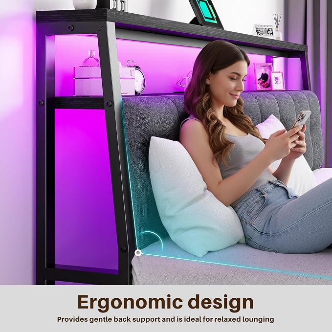 Homkdom King Bed Frame Upholstered Storage Headboard,Charging Station,Black | LED Lights, 12" Under-Bed Storage, 2 AC Outlet&2 USB, Noise-Free,Easy Assembly,No Box Spring Needed,1100 lbs