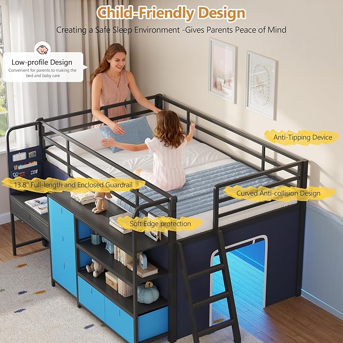 DICTAC Low Loft Bed with Desk and 6 Storage Drawers Twin Loft Bed with Bookshelf,LED Lights & Under-Bed Play Space,Kids Twin Beds with 13.8''H Safety Guardrail,Inclined Ladder&Play Curtain,Blue+Black
