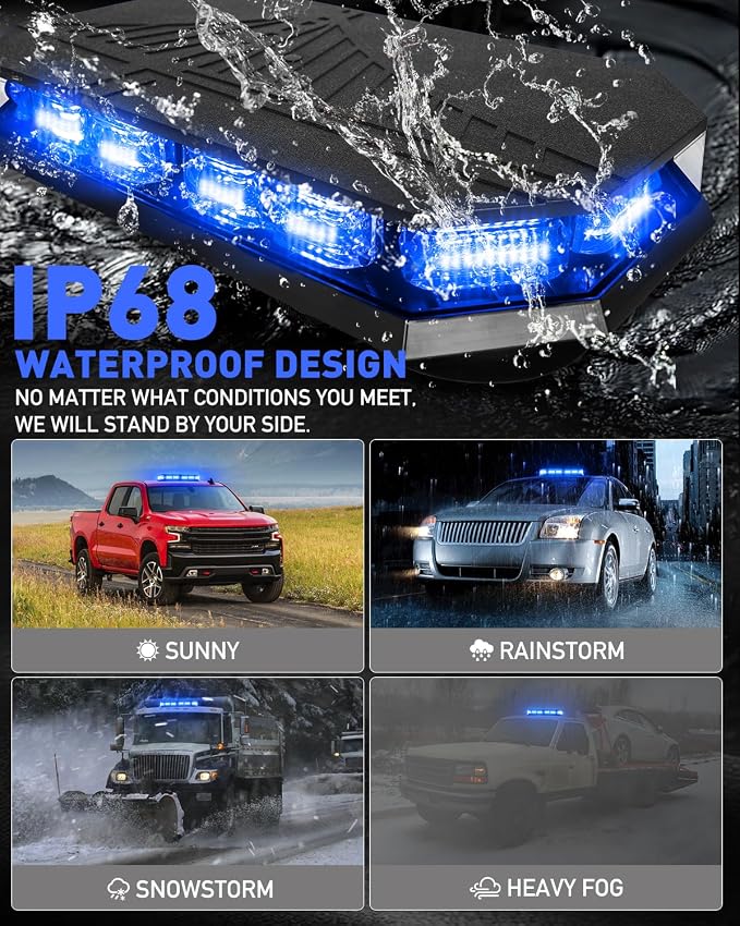 HLauto 406D Rooftop Emergency Strobe Lights Bar, 102 LED Blue Mini Beacon Safety Flashing Warning Traffic Lights Bar w/Magnetic Base for 12-24V Trucks, Construction Vehicles, Snowplow, Cars