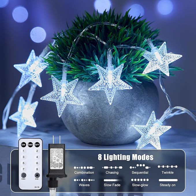 Minetom 33ft Plug in Star String Lights with Remote, White | Remote and Timer, Waterproof for Bedroom Tent Loft Bed Window Backyard Patio Porch Balcony Staircase Party Decor