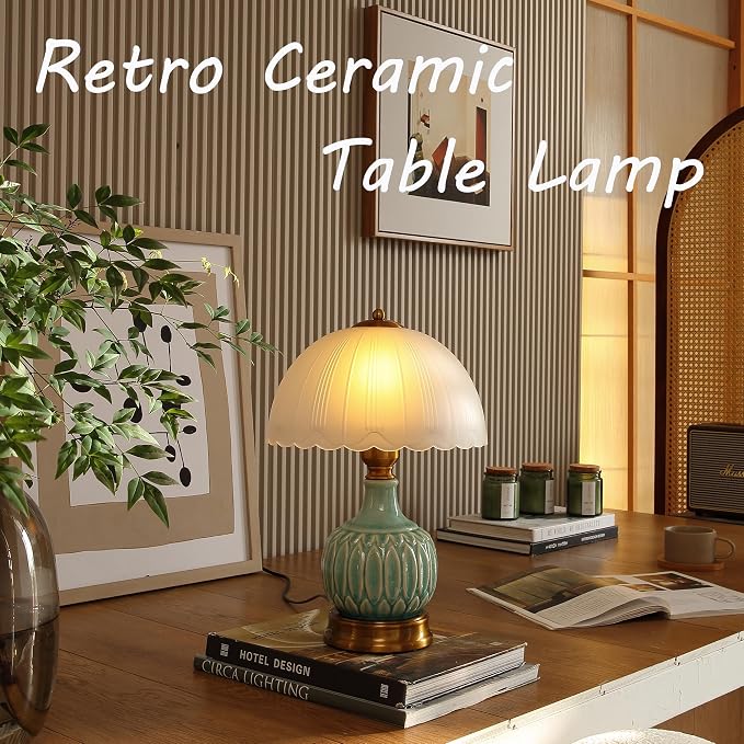 Glivpny 16" Vintage Ceramic Table Lamp for Bedroom,Mushroom Lamps(LD002) | Mid Century Modern Ceramic Lamps for Living Room,Retro Bedside Glass Lamps, Classic Chinoiserie Green Lamp for Home Decor