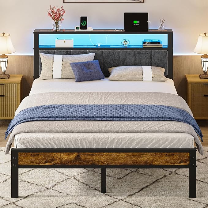 Liians Queen Size Bed Frame with 2-Tier Storage Shelf Headboard, LED Lights | Usb+Type C Charging Station, Metal Platform Bed, No Box Spring Needed, Noise Free, Easy Assembly