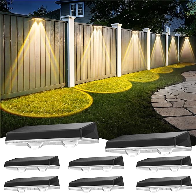 Solar Fence Lights 3 Color Temperatures(3000K/4500K/6000K) Dusk to Dawn Solar Deck Light with ON/Off Push Switch Waterproof Solar Wall Lights for Outside/Backyard/Step/Patio/Pool, 8PACK