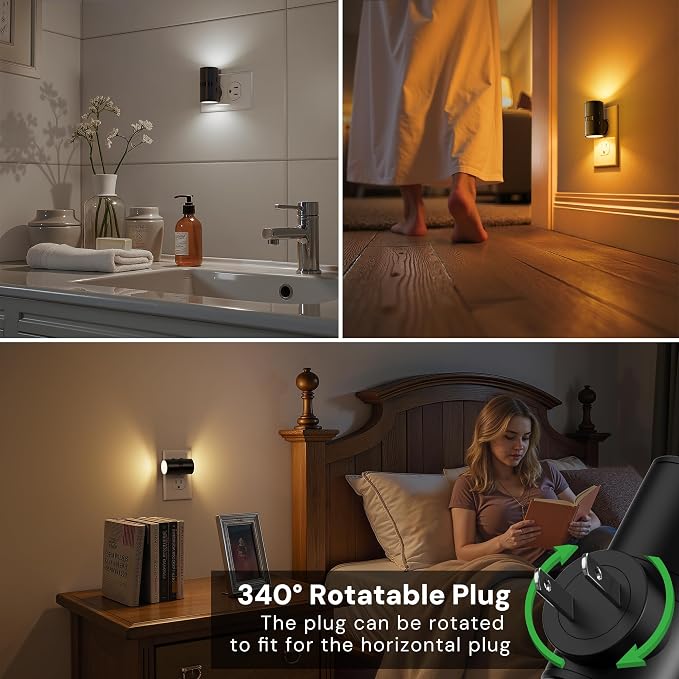 L LOHAS LED Motion Sensor Night Light, Motion Sensor Light Indoor, Rotating | Motion Activated Night Lights Plug into Wall,Amber-3000K-5000K,10-50-100%LM Dimmable Nightlights Mini, Hallway Bathroom,4Pack