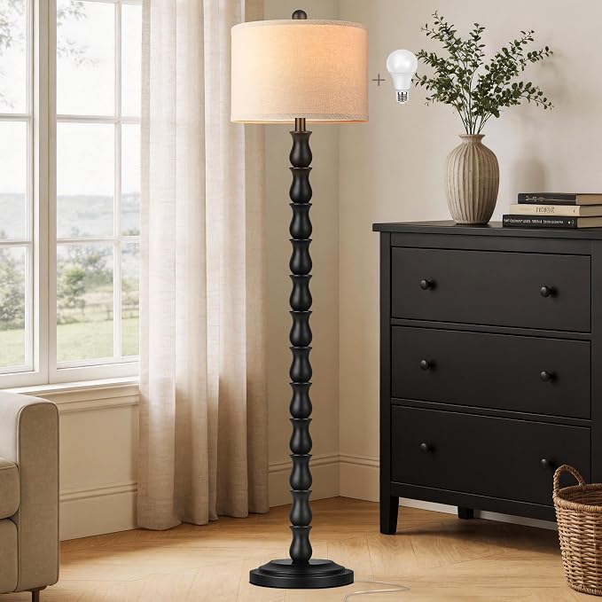 63.5" Rustic Floor Lamp for Living Room, Farmhouse Floor Lamp with Rotary Switch & Linen Shade, Vintage Resin Tall Standing Lamp for Bedroom Corner Office Home Decor, Black (LED Bulb Included)
